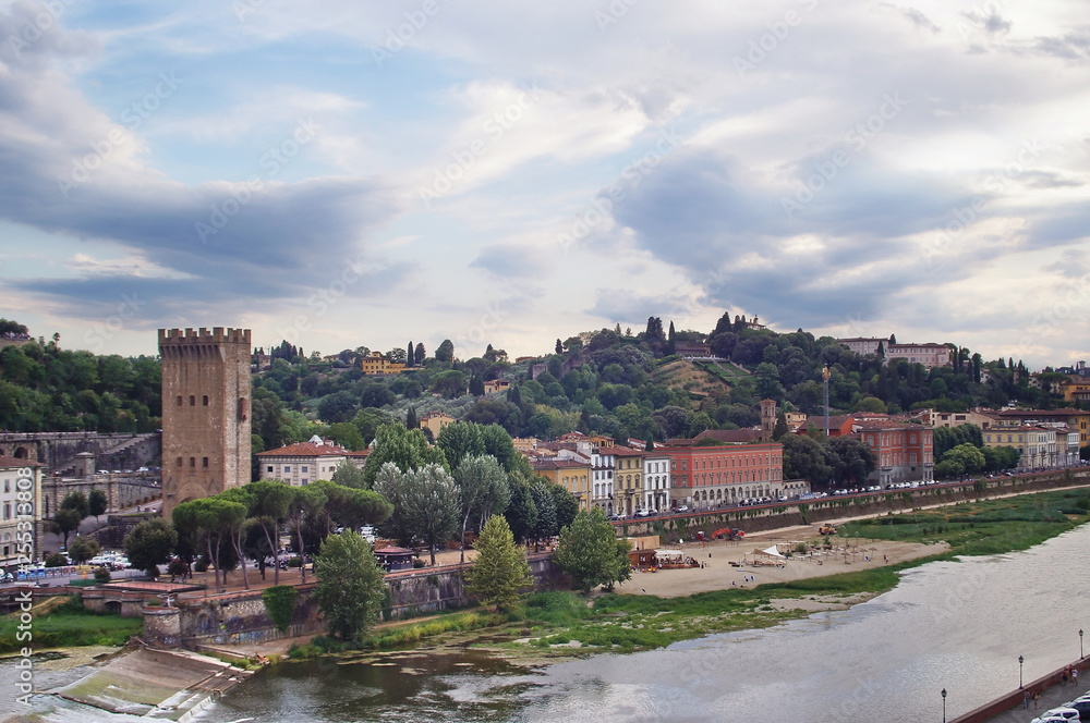 View of the river Arno from Zecca tower, Florence, Tuscany, Italy