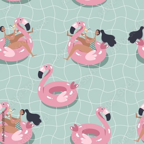 Girl in the pool swimming on pink flamingo float circle. Summertime seamless pattern.