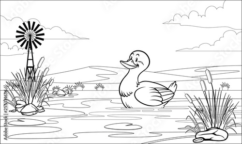 black and white coloring page duck in pond