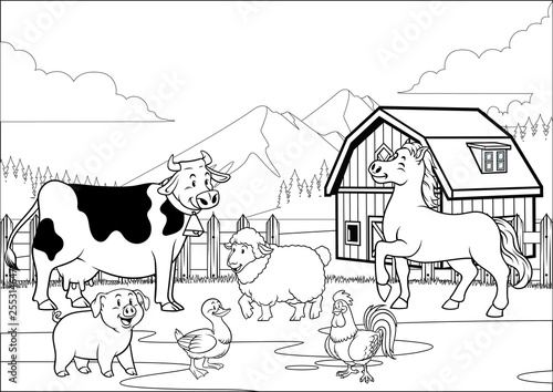 black and white coloring page happy farm animals gathering