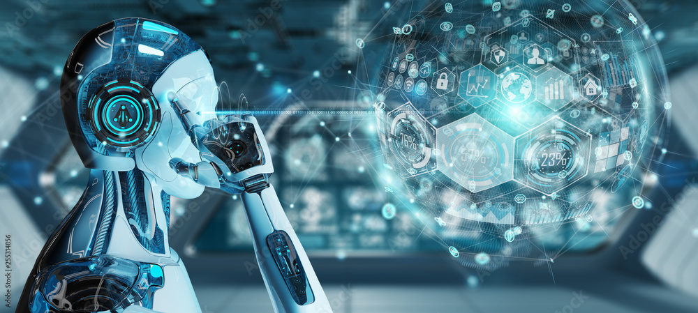 Cyborg Interactive White male cyborg using digital chart interface 3D rendering Stock ...