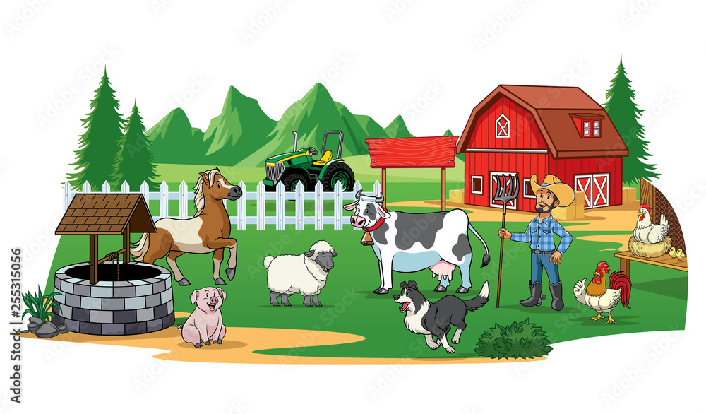 farmer and animals on the farm yard farmer and animals on the farm yard