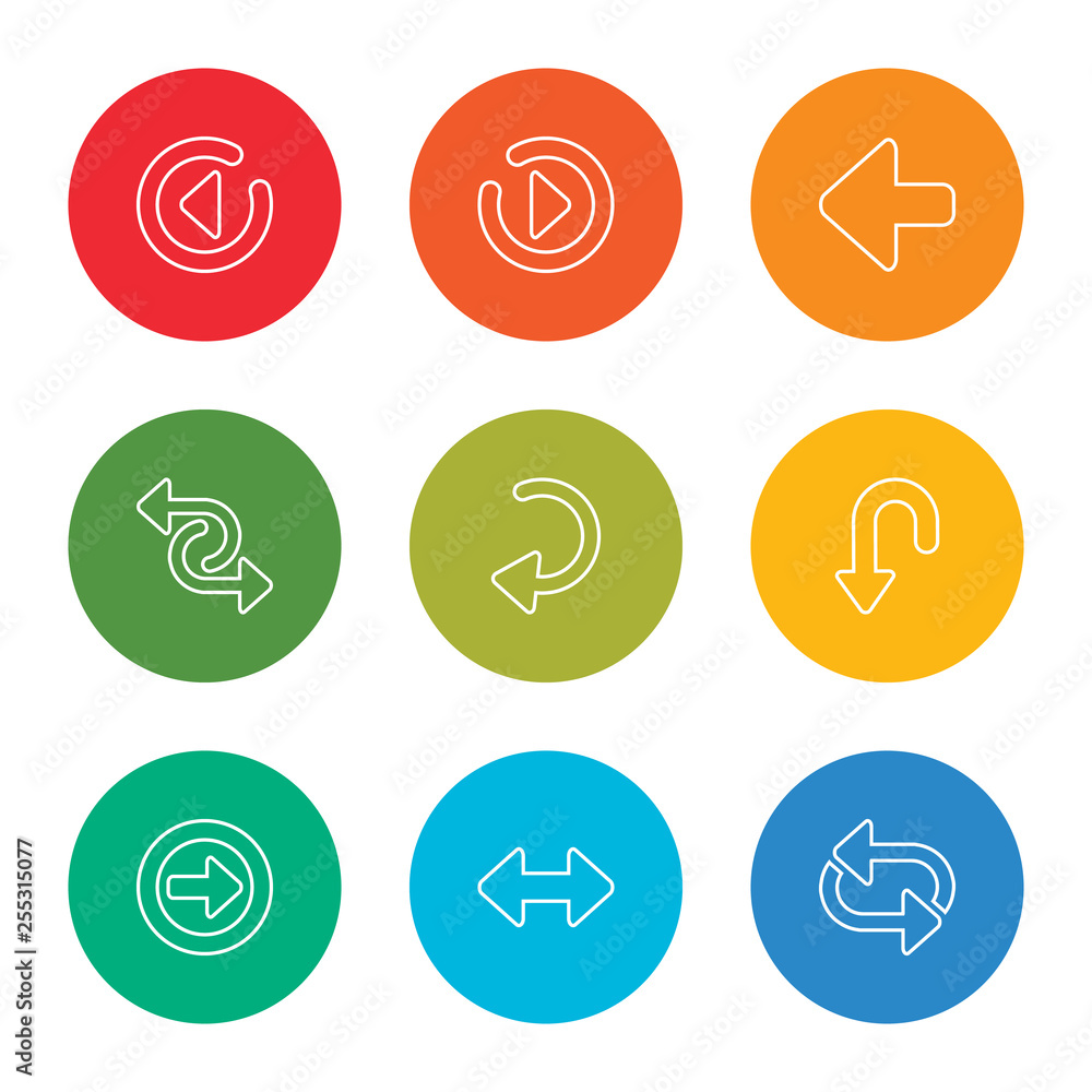 outline stroke shuffle arrows, horizontal resize, right circling arrow, underline up arrow, curved down left arrow, suffle, left right left vector line icons set on rounded colorful shapes outline stroke shuffle arrows, horizontal resize, right circling arrow, underline up arrow, curved down left arrow, suffle, left right left vector line icons set on rounded colorful shapes