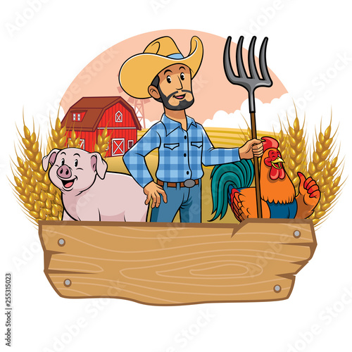 happy farmer and animals farm with blank wooden sign