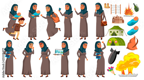 Arab, Muslim Teen Girl Poses Set Vector. Refugee, War, Bomb, Explosion, Panic. For Web Design. Isolated Cartoon Illustration