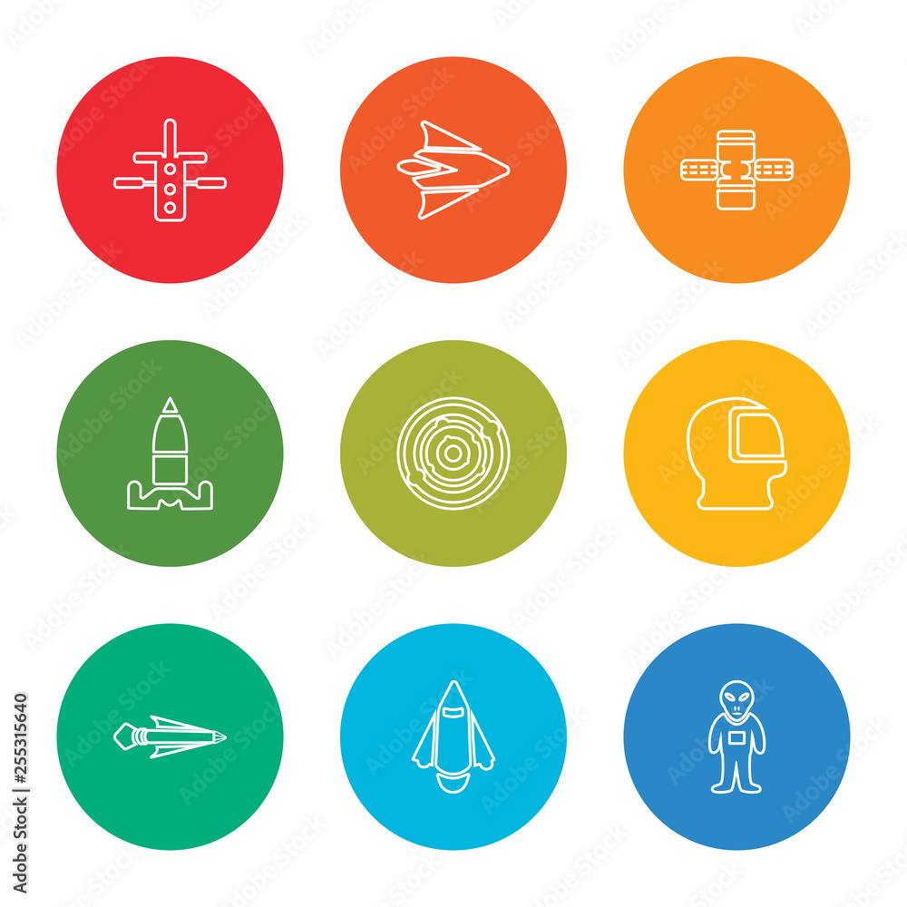 outline stroke alien, space ship, rocket ship, space suit, radar, space shuttle, telescope, rocket ship, station, vector line icons set on rounded colorful shapes