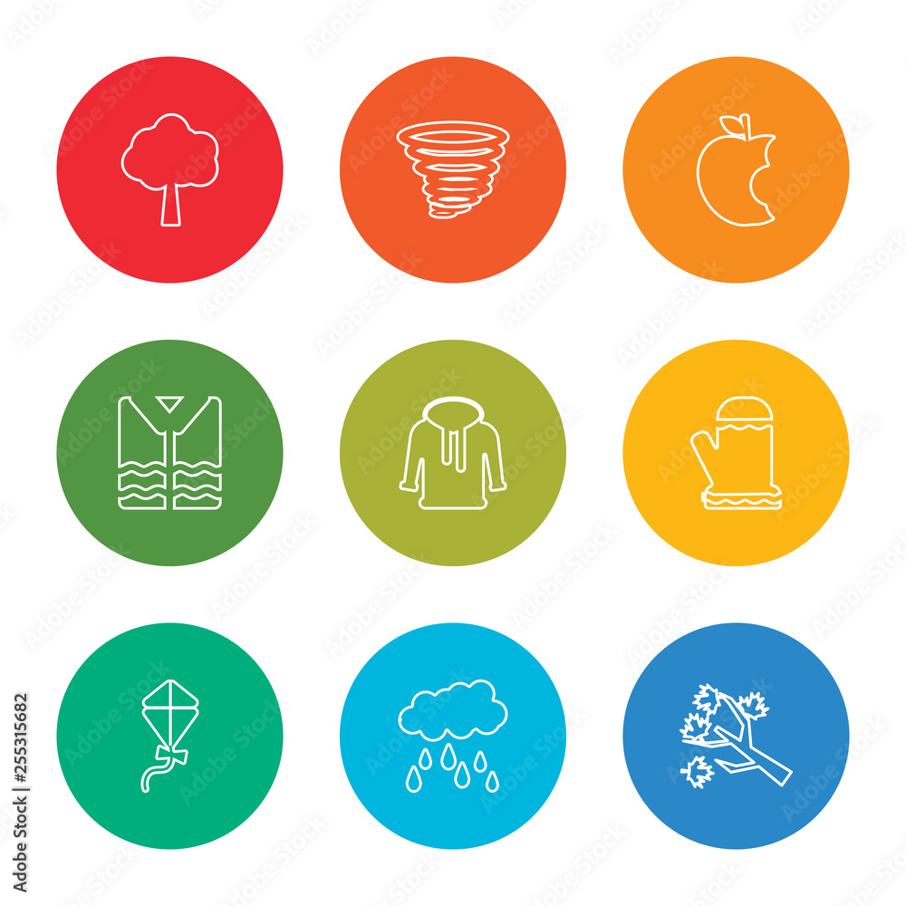 outline stroke tree branch, rain, kite, glove, hoodie, shirt, apple, storm, tree, vector line icons set on rounded colorful shapes outline stroke tree branch, rain, kite, glove, hoodie, shirt, apple, storm, tree, vector line icons set on rounded colorful shapes