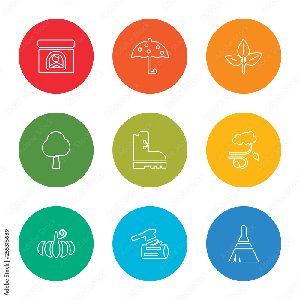 outline stroke broom, woodcutter, pumpkin, windy, boot, tree, leaf, umbrella, fireplace, vector line icons set on rounded colorful shapes outline stroke broom, woodcutter, pumpkin, windy, boot, tree, leaf, umbrella, fireplace, vector line icons set on rounded colorful shapes