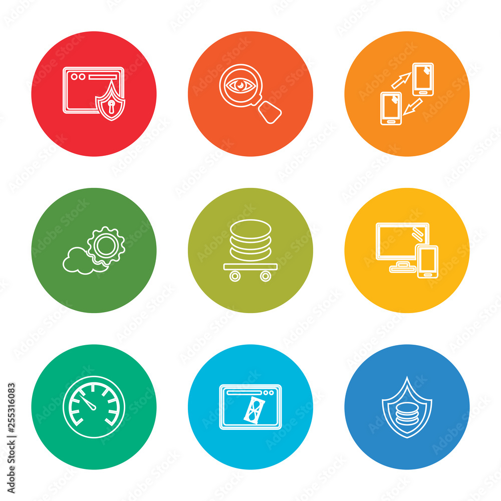 outline stroke data security, visit, velocity, responsive, database, cloud, synchronization, view, security, vector line icons set on rounded colorful shapes outline stroke data security, visit, velocity, responsive, database, cloud, synchronization, view, security, vector line icons set on rounded colorful shapes