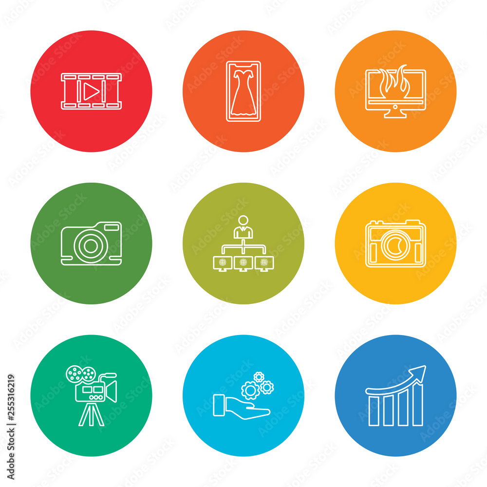 outline stroke statistics, work, camera, camera, network, camera, fire, fashion, video, vector line icons set on rounded colorful shapes