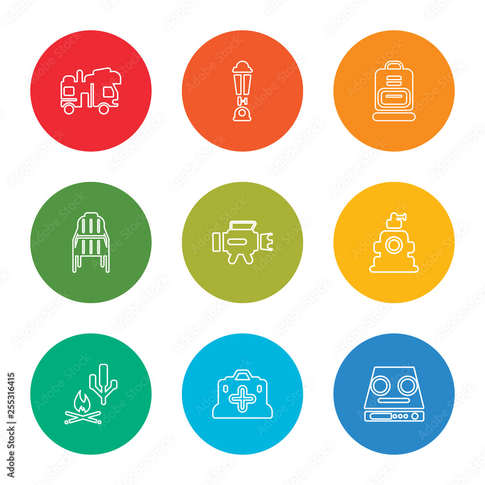 outline stroke camping gas, first aid kit, marshmallow, camping gas, torch, chair, backpack, lamp, caravan, vector line icons set on rounded colorful shapes outline stroke camping gas, first aid kit, marshmallow, camping gas, torch, chair, backpack, lamp, caravan, vector line icons set on rounded colorful shapes