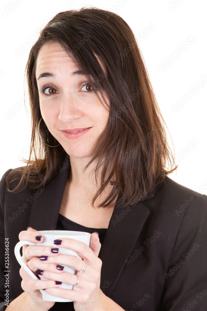 Portrait of young adorable business woman enjoying her warm cozy hot drink white mug Portrait of young adorable business woman enjoying her warm cozy hot drink white mug