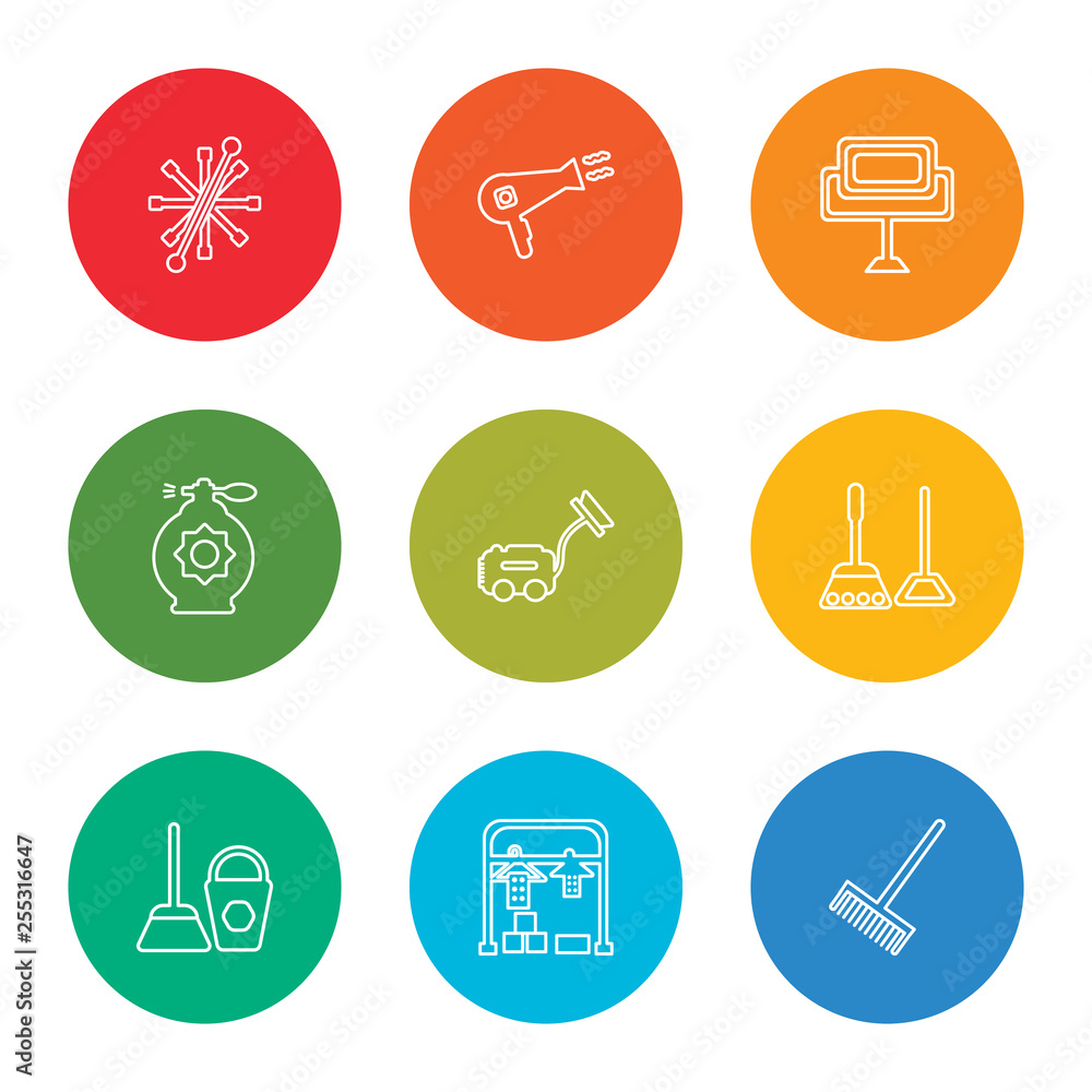 outline stroke broom cleanin, dry, dustpan cleanin, dustpan cleanin, vacuum perfume mirror hairdryer virus vector line icons set on rounded colorful shapes outline stroke broom cleanin, dry, dustpan cleanin, dustpan cleanin, vacuum perfume mirror hairdryer virus vector line icons set on rounded colorful shapes