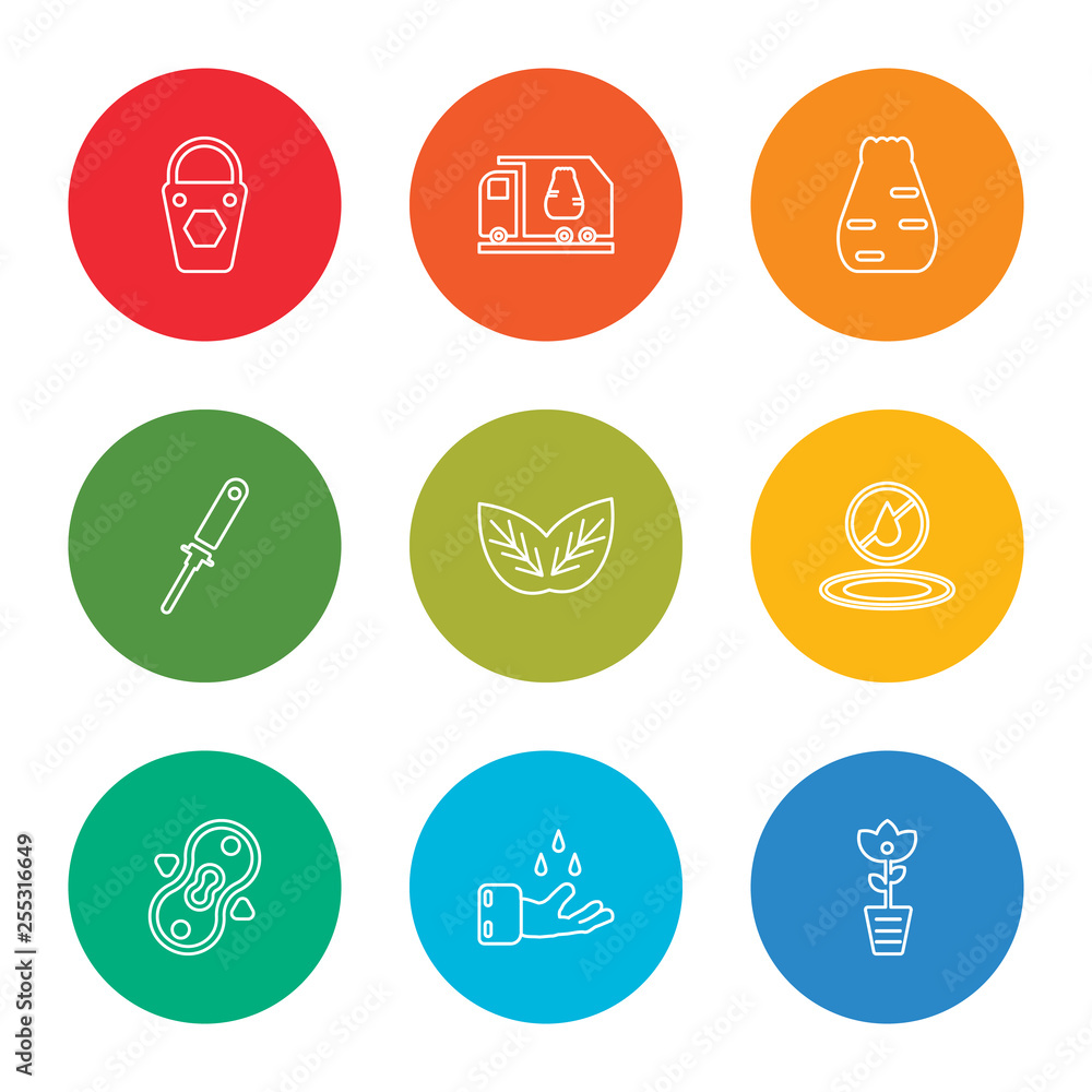 outline stroke rose cleanin, hands cleanin, compress cleanin, no water leaf tampon garbage garbage truck bucket vector line icons set on rounded colorful shapes