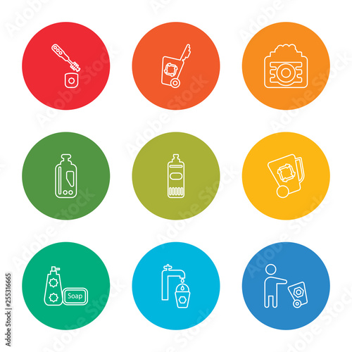 outline stroke trash cleanin, faucet cleanin, soap cleanin, garbage bleach bleach cream garbage toilet brush vector line icons set on rounded colorful shapes