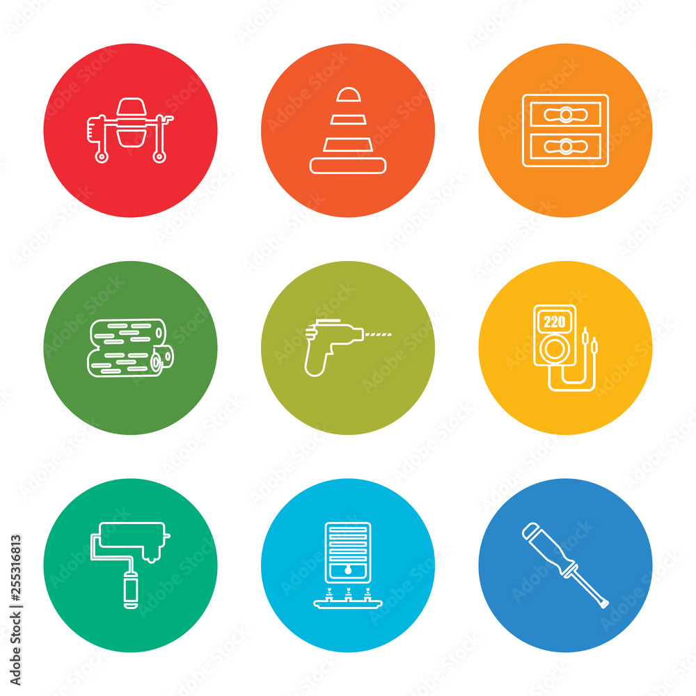 outline stroke screwdriver, window, paint roller, voltmeter, drill, log, gas pipe, cone, concrete mixer, vector line icons set on rounded colorful shapes outline stroke screwdriver, window, paint roller, voltmeter, drill, log, gas pipe, cone, concrete mixer, vector line icons set on rounded colorful shapes