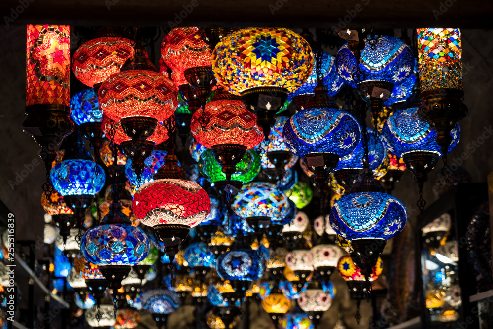 Middle Eastern colored lanterns close-up view. Turkish style lamps