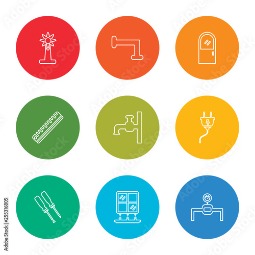 outline stroke gas pipe, window, screwdriver, plug, tap, ruler, door, pipe, eolic energy, vector line icons set on rounded colorful shapes