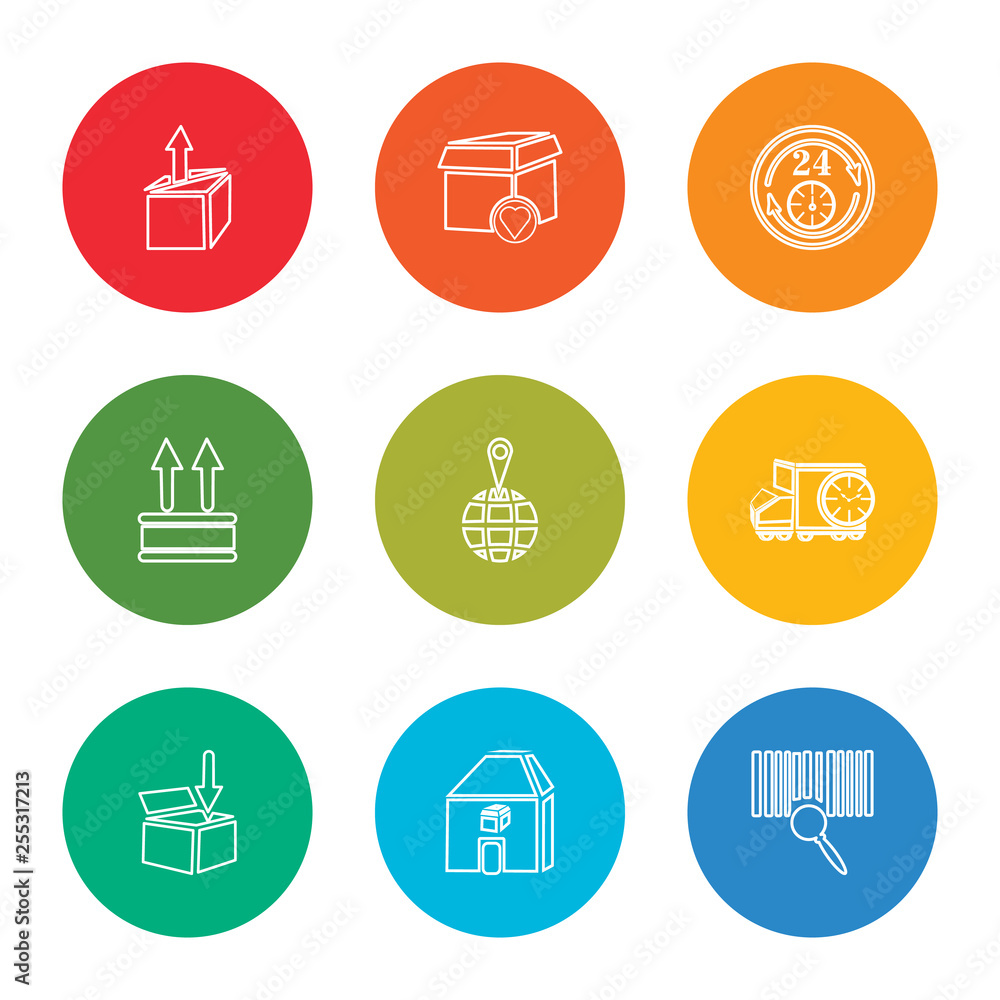 outline stroke barcode, warehouse, package, delivery truck, pin, side up, 24 hours, package, package, vector line icons set on rounded colorful shapes outline stroke barcode, warehouse, package, delivery truck, pin, side up, 24 hours, package, package, vector line icons set on rounded colorful shapes