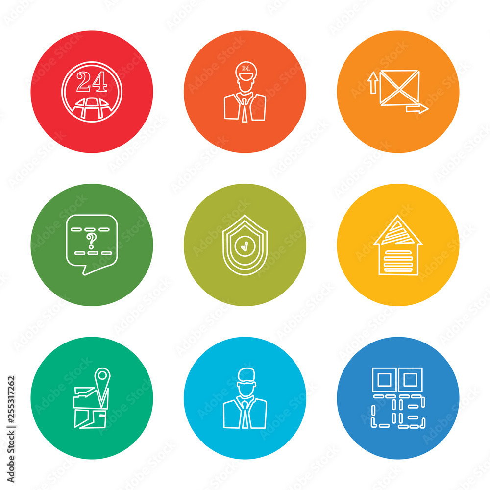 outline stroke qr code, delivery man, location, warehouse, shield, customer service, express mail, 24 hours, 24 hours, vector line icons set on rounded colorful shapes outline stroke qr code, delivery man, location, warehouse, shield, customer service, express mail, 24 hours, 24 hours, vector line icons set on rounded colorful shapes