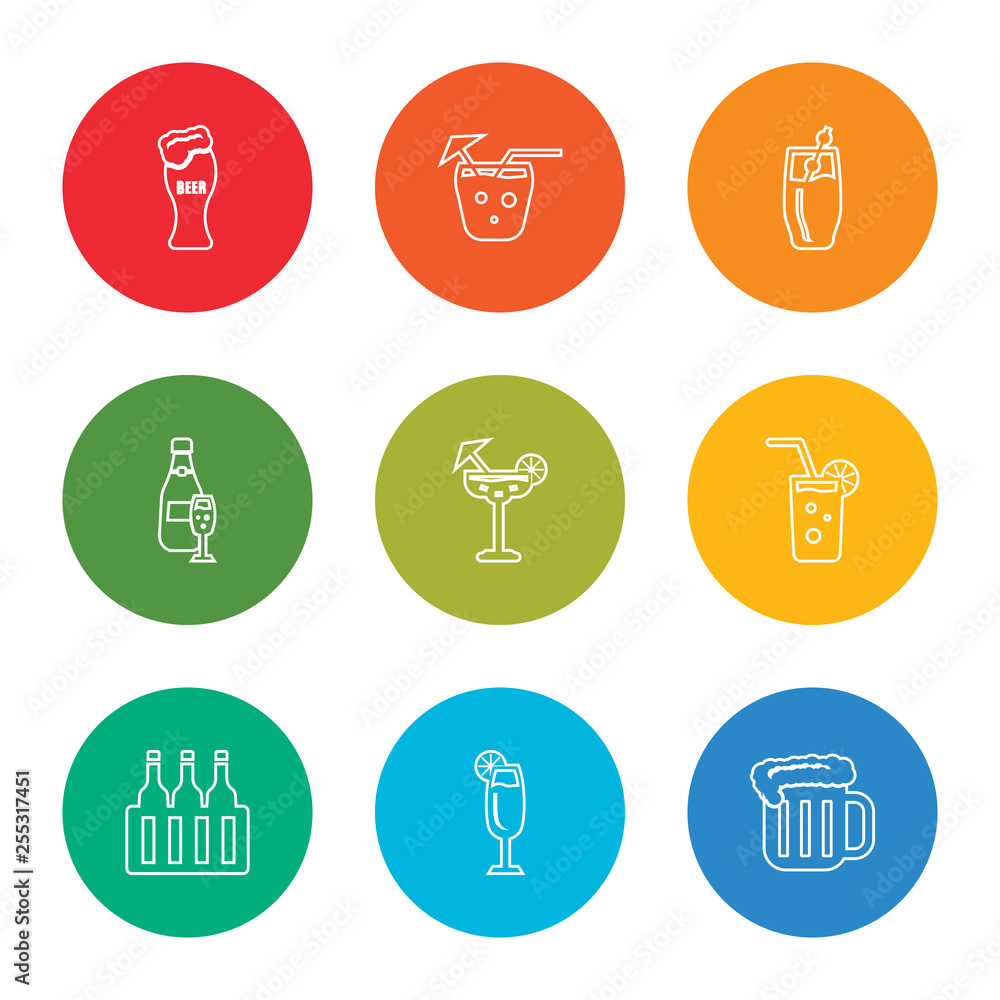 outline stroke beer, tequila sunrise, beer, mojito, margarita, champagne, manhattan, mai tai, beer, vector line icons set on rounded colorful shapes outline stroke beer, tequila sunrise, beer, mojito, margarita, champagne, manhattan, mai tai, beer, vector line icons set on rounded colorful shapes