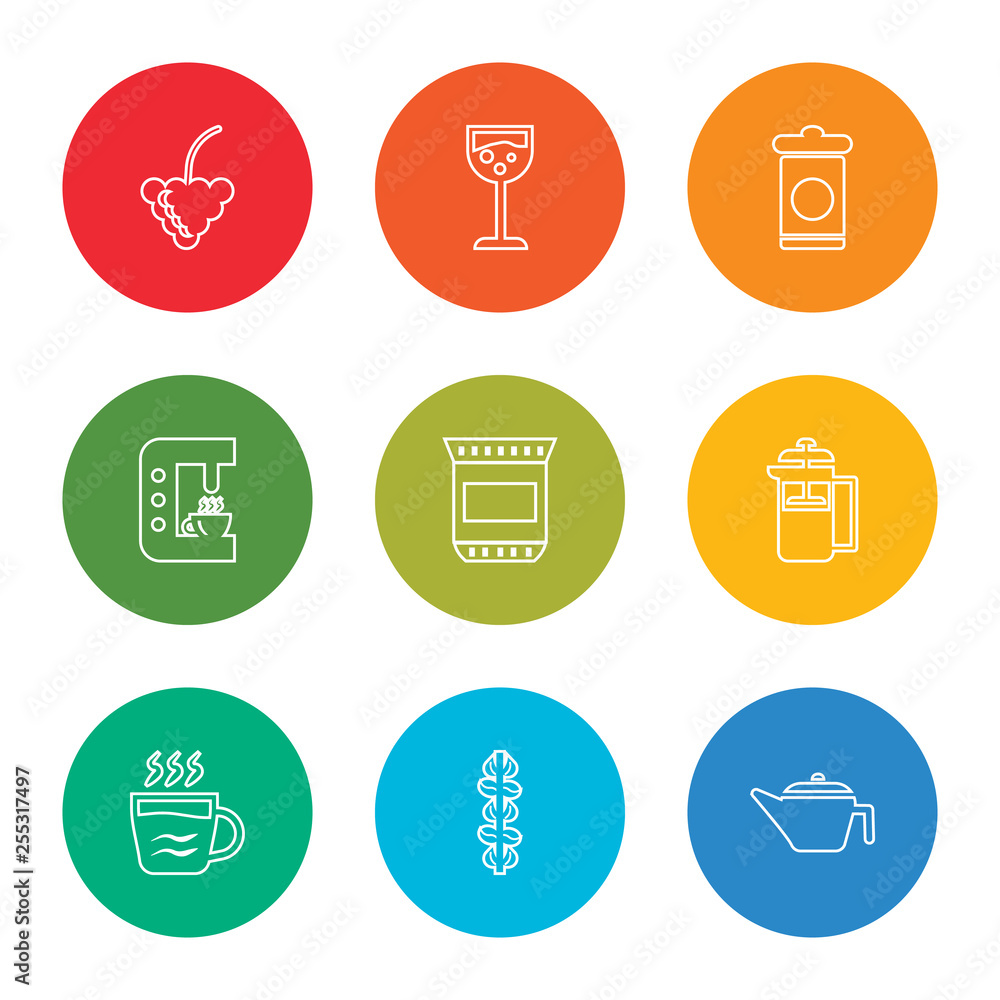 outline stroke coffee pot, coffee bean, espresso, french press, coffee bag, drip, bag, glass with wine, bunch of grapes, vector line icons set on rounded colorful shapes outline stroke coffee pot, coffee bean, espresso, french press, coffee bag, drip, bag, glass with wine, bunch of grapes, vector line icons set on rounded colorful shapes
