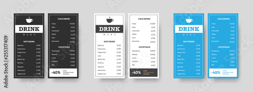 Vector set of vertical DL menu black, white and blue for drinks.