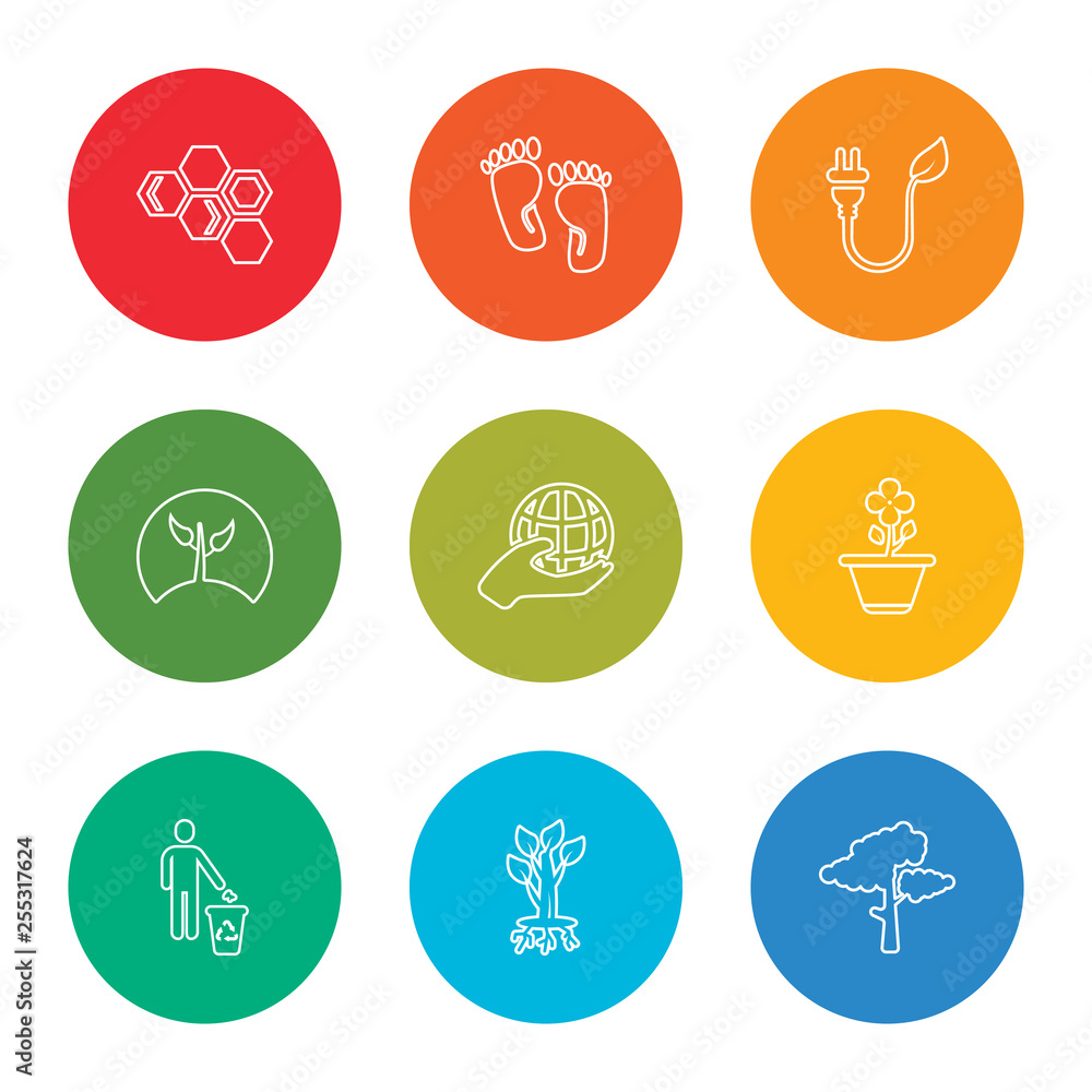 outline stroke tree, tree and roots, recycling, flower, globe on hand, plant, eco power, footprint, eco power cells, vector line icons set on rounded colorful shapes outline stroke tree, tree and roots, recycling, flower, globe on hand, plant, eco power, footprint, eco power cells, vector line icons set on rounded colorful shapes