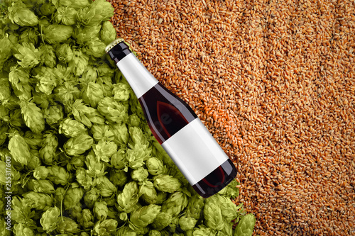 Brown beer mockup with diagonal placement bottlle on  background  with wheat grains and hops. photo