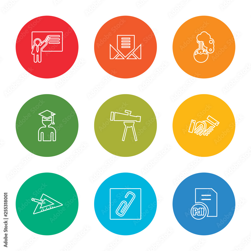 outline stroke pdf document, paperclip, set square, shake hands, telescope, graduating, full test tube, open email, teach, vector line icons set on rounded colorful shapes outline stroke pdf document, paperclip, set square, shake hands, telescope, graduating, full test tube, open email, teach, vector line icons set on rounded colorful shapes