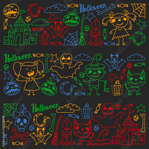 Fototapeta Naklejka Na Ścianę i Meble -  Halloween themed doodle set. Traditional and popular symbols - carved pumpkin, party costumes, witches, ghosts, monsters, vampires, skeletons, skulls, candles, bats. Isolated over black background.