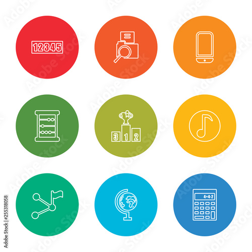 outline stroke small calculator, school globe, halfway, musical note, podium, abacus, cellphone, searching files, numbers, vector line icons set on rounded colorful shapes