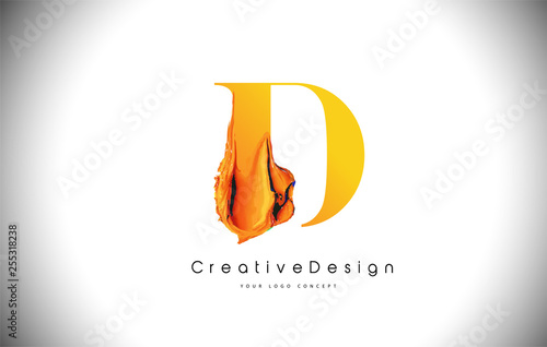 D Orange Letter Design Brush Paint Stroke. Gold Yellow d Letter Logo Icon with Artistic Paintbrush
