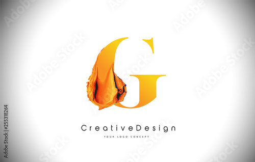 G Orange Letter Design Brush Paint Stroke. Gold Yellow g Letter Logo Icon with Artistic Paintbrush