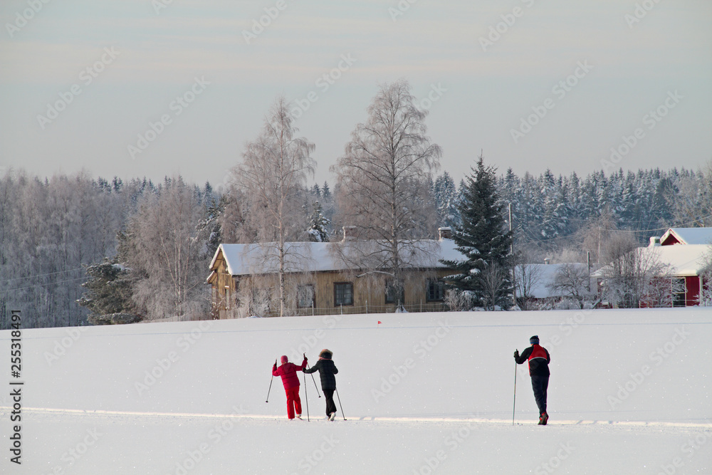 A family skiing together in a snowy white field on a cold day