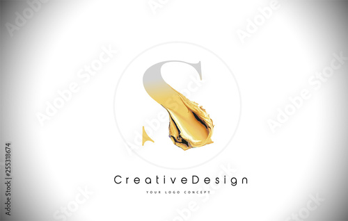 S Golden Letter Design Brush Paint Stroke. Gold Yellow s Letter Logo Icon with Artistic Paintbrush