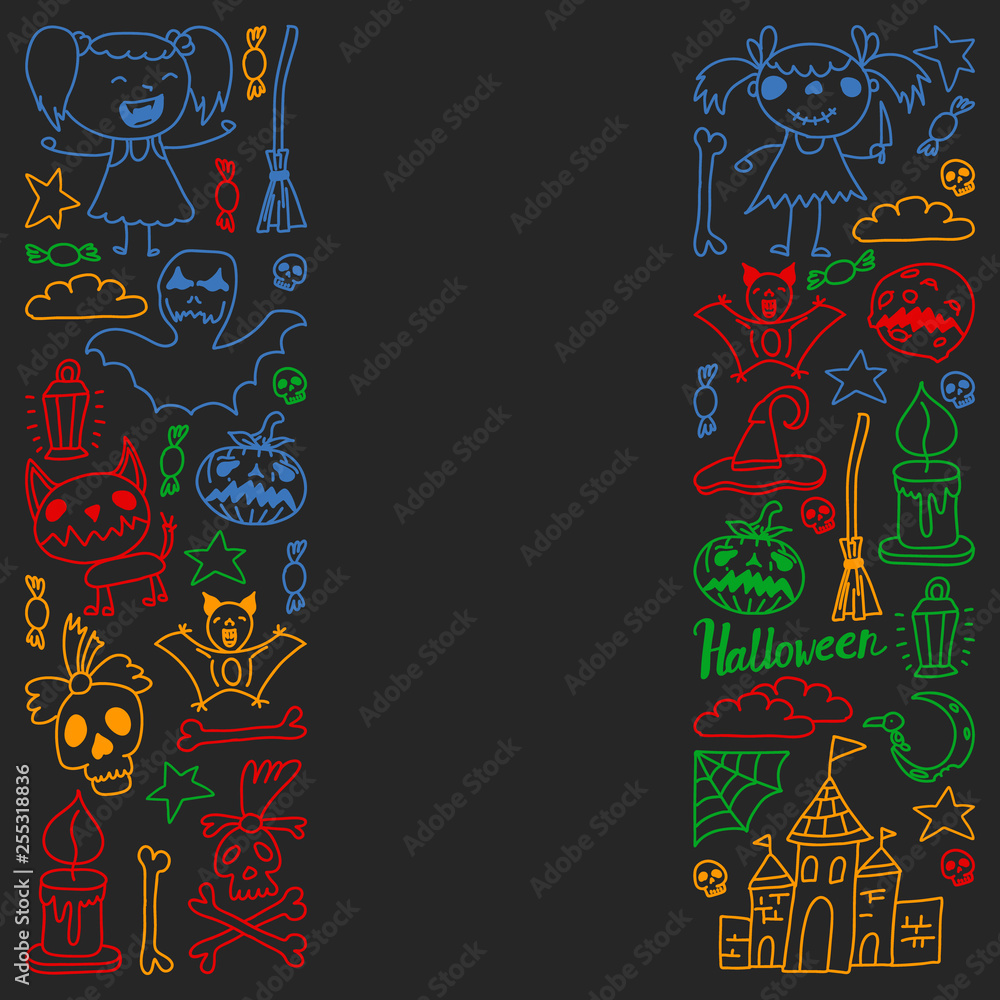 Halloween themed doodle set. Traditional and popular symbols - carved pumpkin, party costumes, witches, ghosts, monsters, vampires, skeletons, skulls, candles, bats. Isolated over black background.