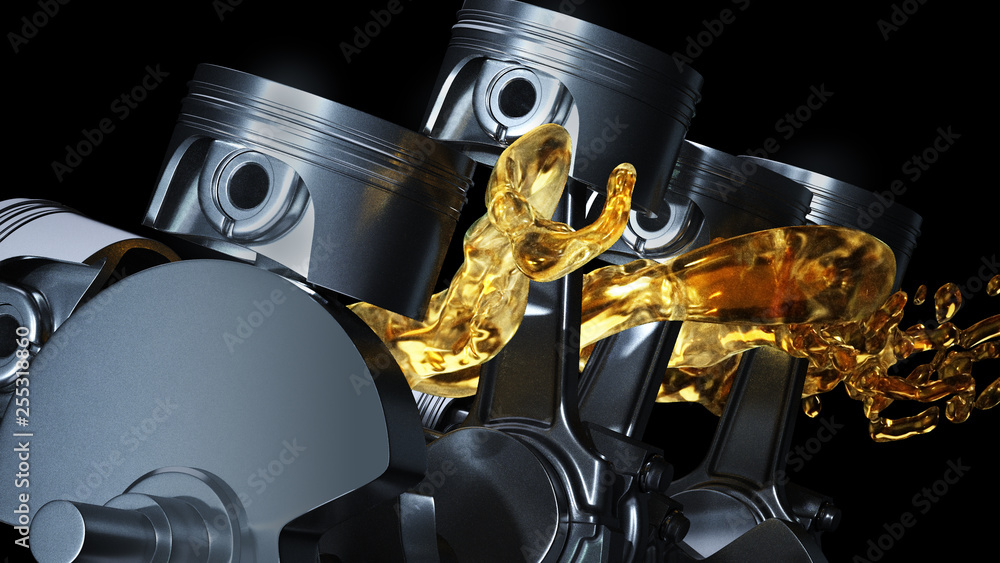 3d illustration of car engine with lubricant oil on repairing. Concept