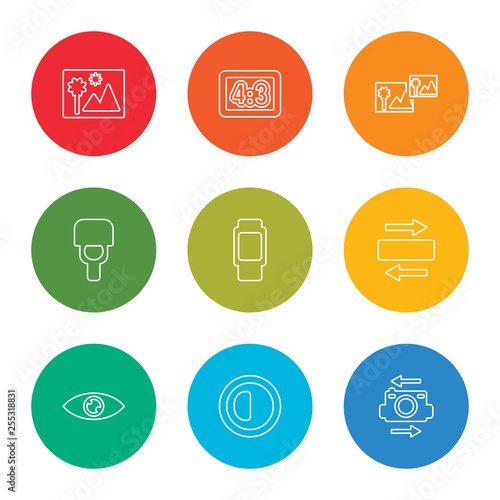 outline stroke flip camera, brightness option, eye, panorama with right arrow, objective, blitz flash, photograph, camera small screen size, landscape photo, vector line icons set on rounded