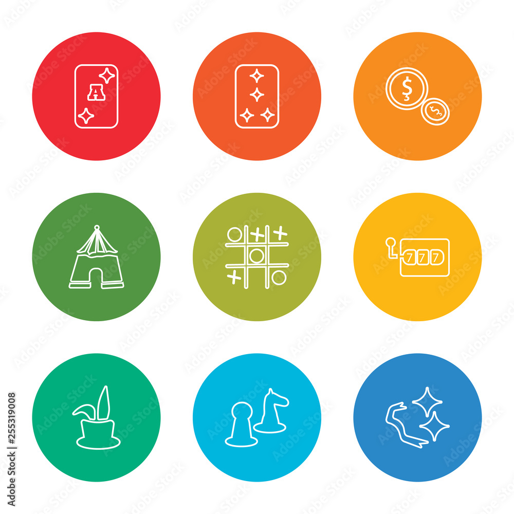outline stroke ribbons, pawn, magic hat, slot machine, tic tac toe, tent, chip, ace of diamonds, ace of hearts, vector line icons set on rounded colorful shapes outline stroke ribbons, pawn, magic hat, slot machine, tic tac toe, tent, chip, ace of diamonds, ace of hearts, vector line icons set on rounded colorful shapes