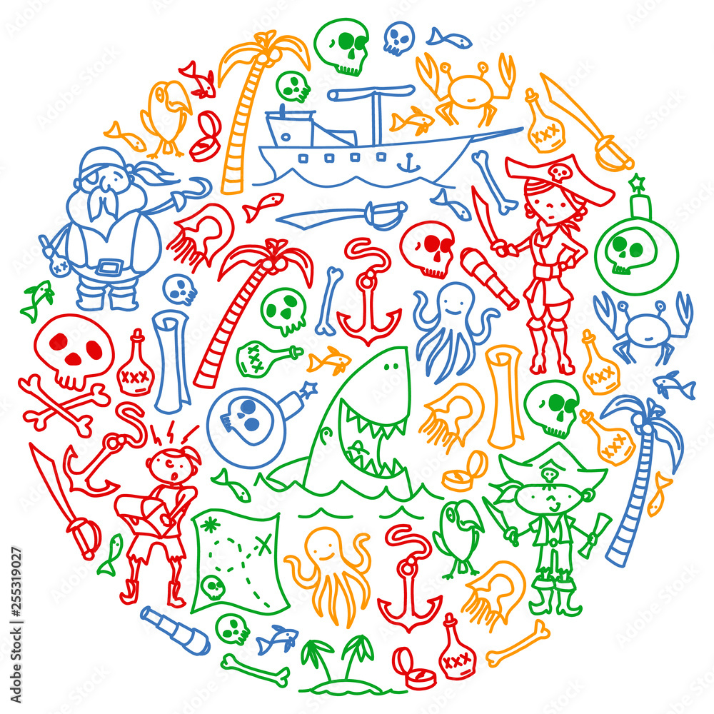Obraz premium Vector set of pirates children's drawings icons in doodle style. Painted, colorful, pictures on a piece of paper on white background.