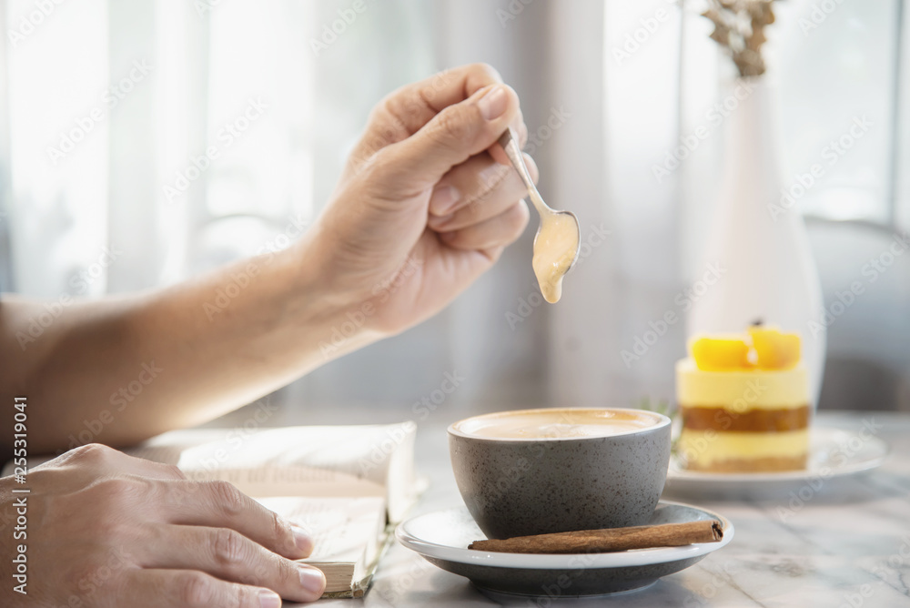 People serve beautiful fresh relax morning coffee cup set - people with coffee set background concept
