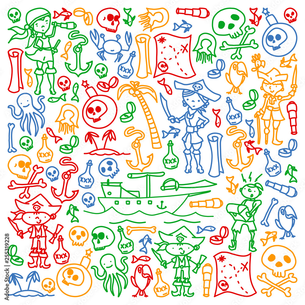 Vector set of pirates children's drawings icons in doodle style. Painted, colorful, pictures on a piece of paper on white background. Vector set of pirates children's drawings icons in doodle style. Painted, colorful, pictures on a piece of paper on white background.