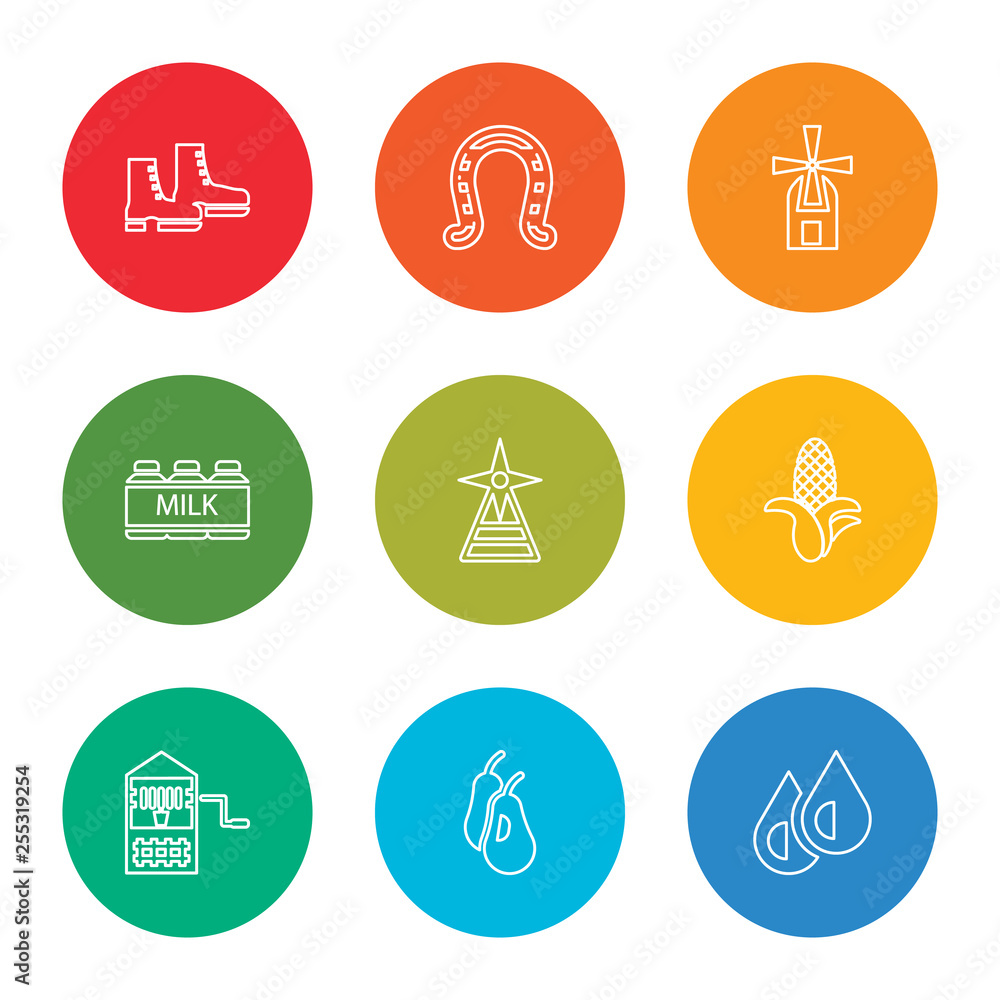 outline stroke water drops, pear, well, corn, windmill, milk, windmill, horseshoe, boot shoes, vector line icons set on rounded colorful shapes outline stroke water drops, pear, well, corn, windmill, milk, windmill, horseshoe, boot shoes, vector line icons set on rounded colorful shapes