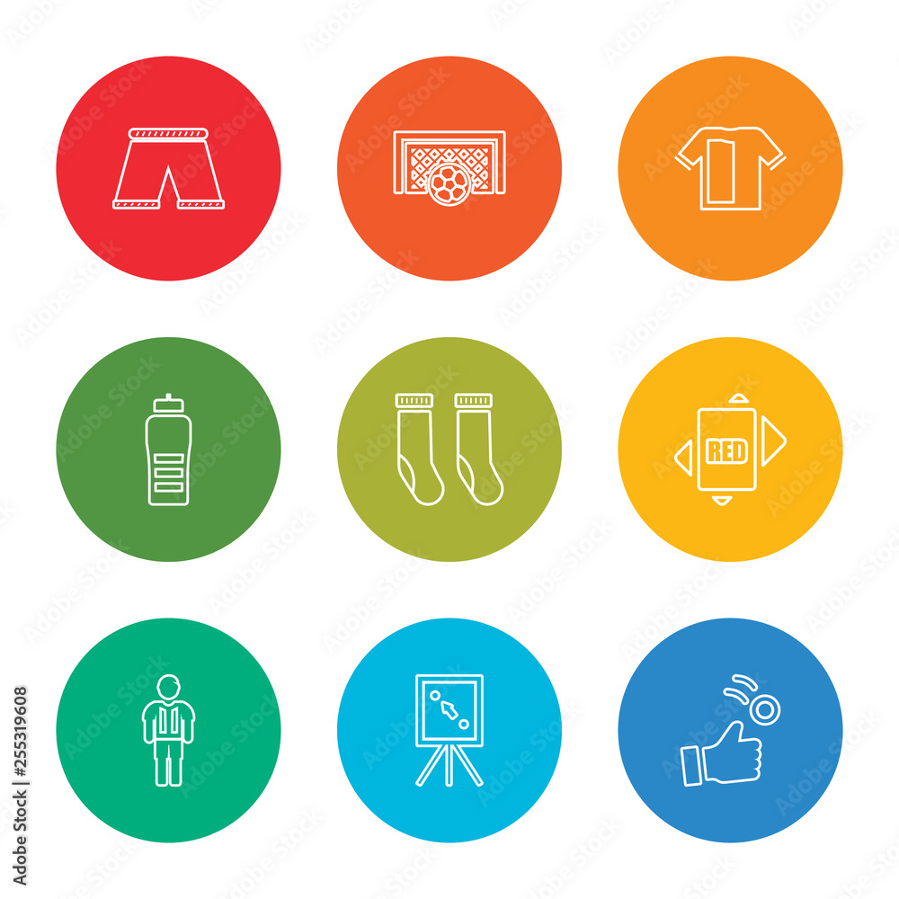 outline stroke coin, plan, football player, , socks, bottle, tshirt, goal, shorts, vector line icons set on rounded colorful shapes outline stroke coin, plan, football player, , socks, bottle, tshirt, goal, shorts, vector line icons set on rounded colorful shapes