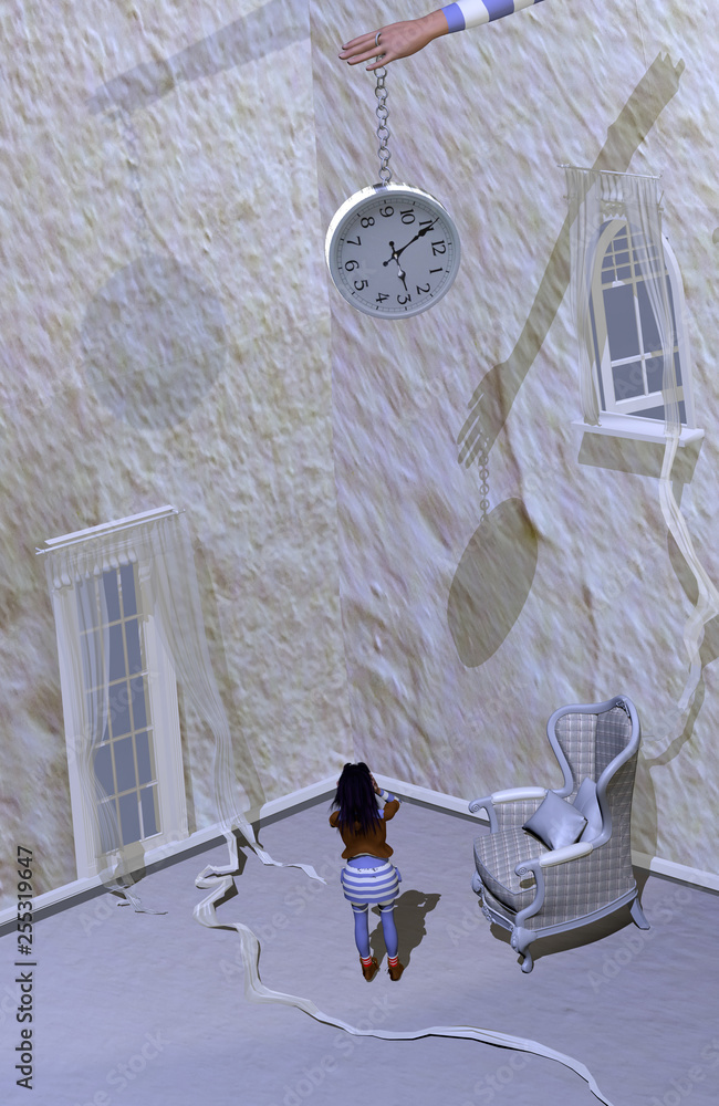 a girl standing in the middle of a white scary room, with a clock held by a loose arm in the middle of it, 3D illustration, raster illustration