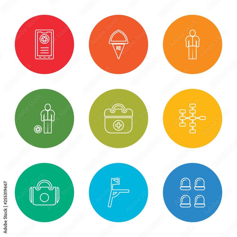 outline stroke seats, flag, sport bag, football, first aid kit, referee, referee, flag, phone, vector line icons set on rounded colorful shapes outline stroke seats, flag, sport bag, football, first aid kit, referee, referee, flag, phone, vector line icons set on rounded colorful shapes