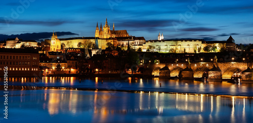 View to Prague castle across Vltava river, beautiful evening panorama