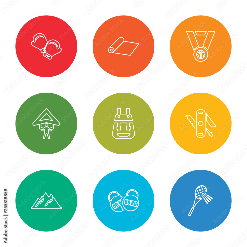 Fototapeta premium outline stroke badminton, workout, mountain, multitool, backpack, hang glider, medal, yoga mat, boxing gloves, vector line icons set on rounded colorful shapes