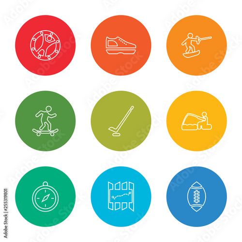 outline stroke rugby ball, map, compass, fishing, hockey, skateboarding, wakeboarding, shoes, zorbing, vector line icons set on rounded colorful shapes